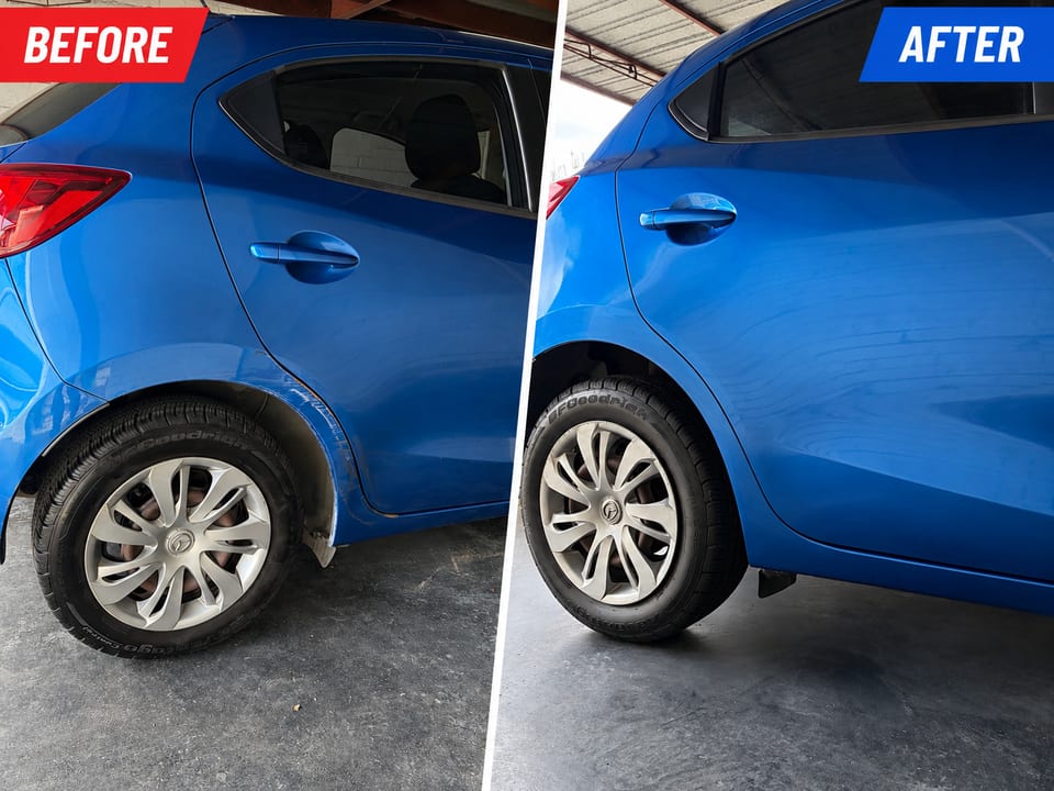Blue hatchback damage before and after repair
