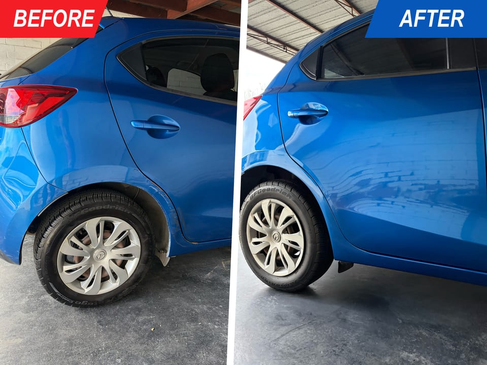 Blue hatchback rear door and wheel-arch damage before and after repair