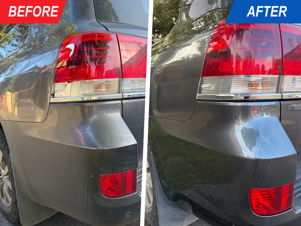 Grey Landcruiser rear corner with bumper scuffs and tail light damage before and after repair
