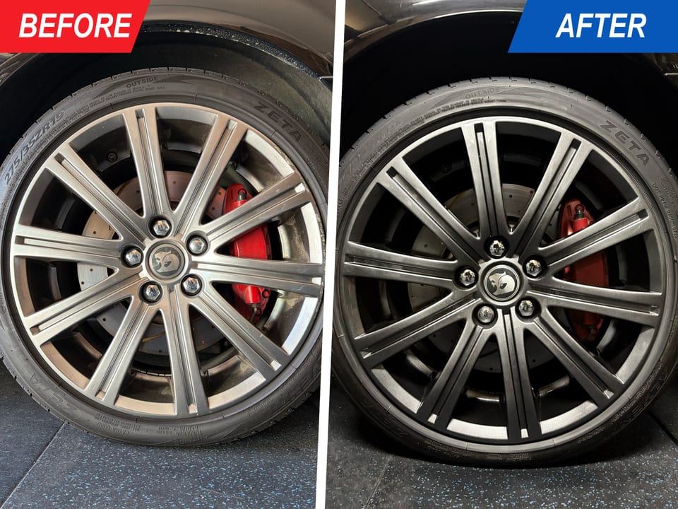 Multi-spoke alloy wheel before repair with visible kerb damage and after restoration with a shadow chrome finish