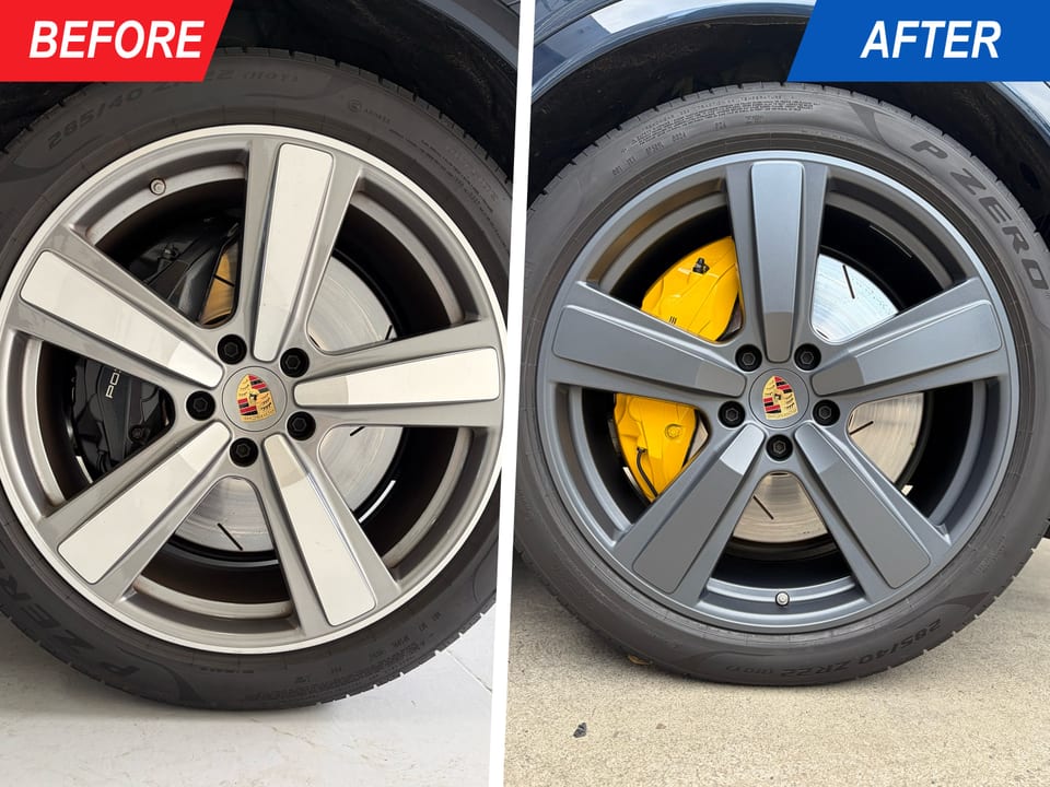 Porsche alloy wheel before and after dark grey refinishing