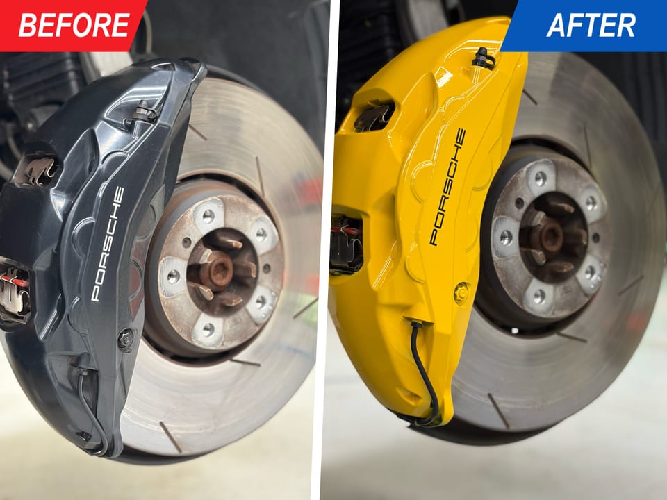 Porsche brake caliper before and after refinishing from dark grey to yellow