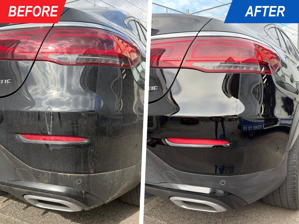 Mercedes-Benz rear bumper with visible scuffs and scratches before and after repair