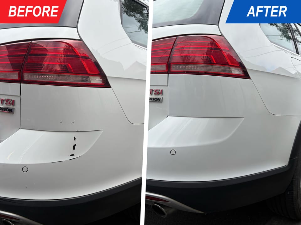 White car rear bumper corner with visible scuffs and paint damage before and after repair