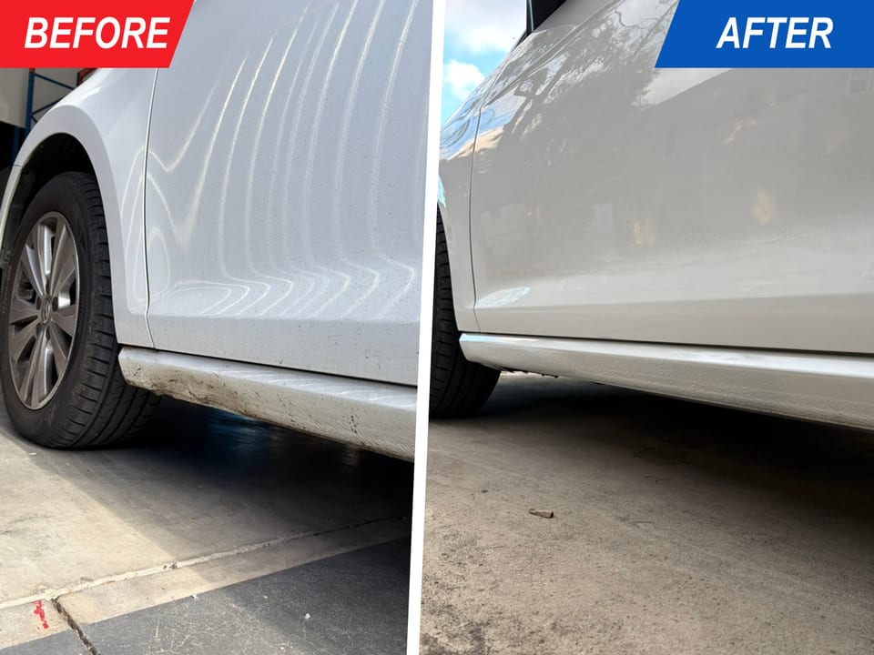White car lower door and sill damage before and after repair