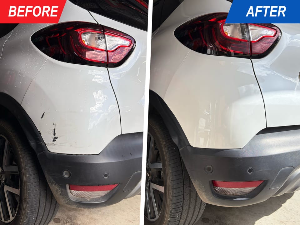 White SUV rear corner with scuffs and paint damage beside the wheel arch before and after repair